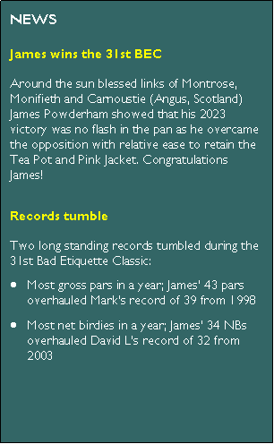 Text Box: NEWSJames wins the 31st BECAround the sun blessed links of Montrose, Monifieth and Carnoustie (Angus, Scotland) James Powderham showed that his 2023 victory was no flash in the pan as he overcame the opposition with relative ease to retain the Tea Pot and Pink Jacket. Congratulations James!Records tumbleTwo long standing records tumbled during the 31st Bad Etiquette Classic:Most gross pars in a year; James 43 pars overhauled Marks record of 39 from 1998Most net birdies in a year; James 34 NBs overhauled David Ls record of 32 from 2003