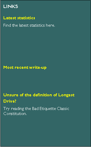 Text Box: LINKSLatest statisticsFind the latest statistics here.Hot off the pressUnsure of the definition of a Longest Drive?Try reading the Bad Etiquette Classic Constitution.